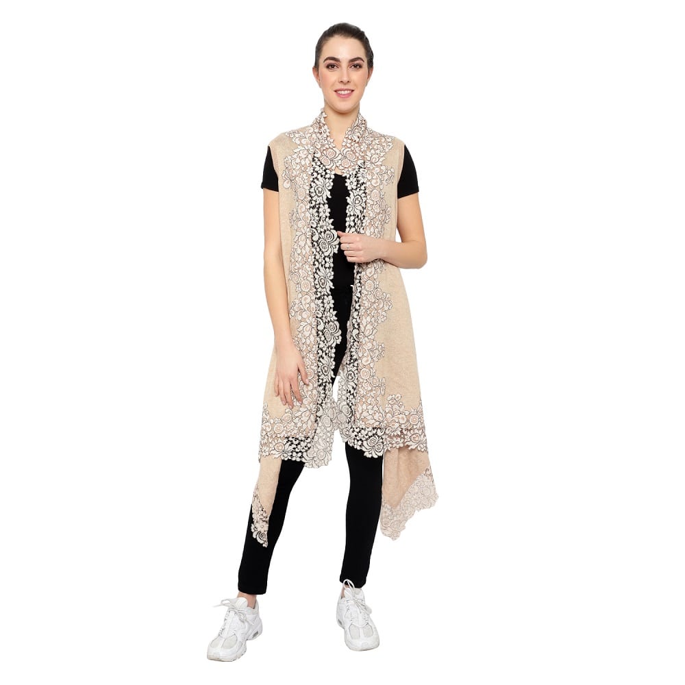 Stole Poncho – 4 Side Lace (Beige)