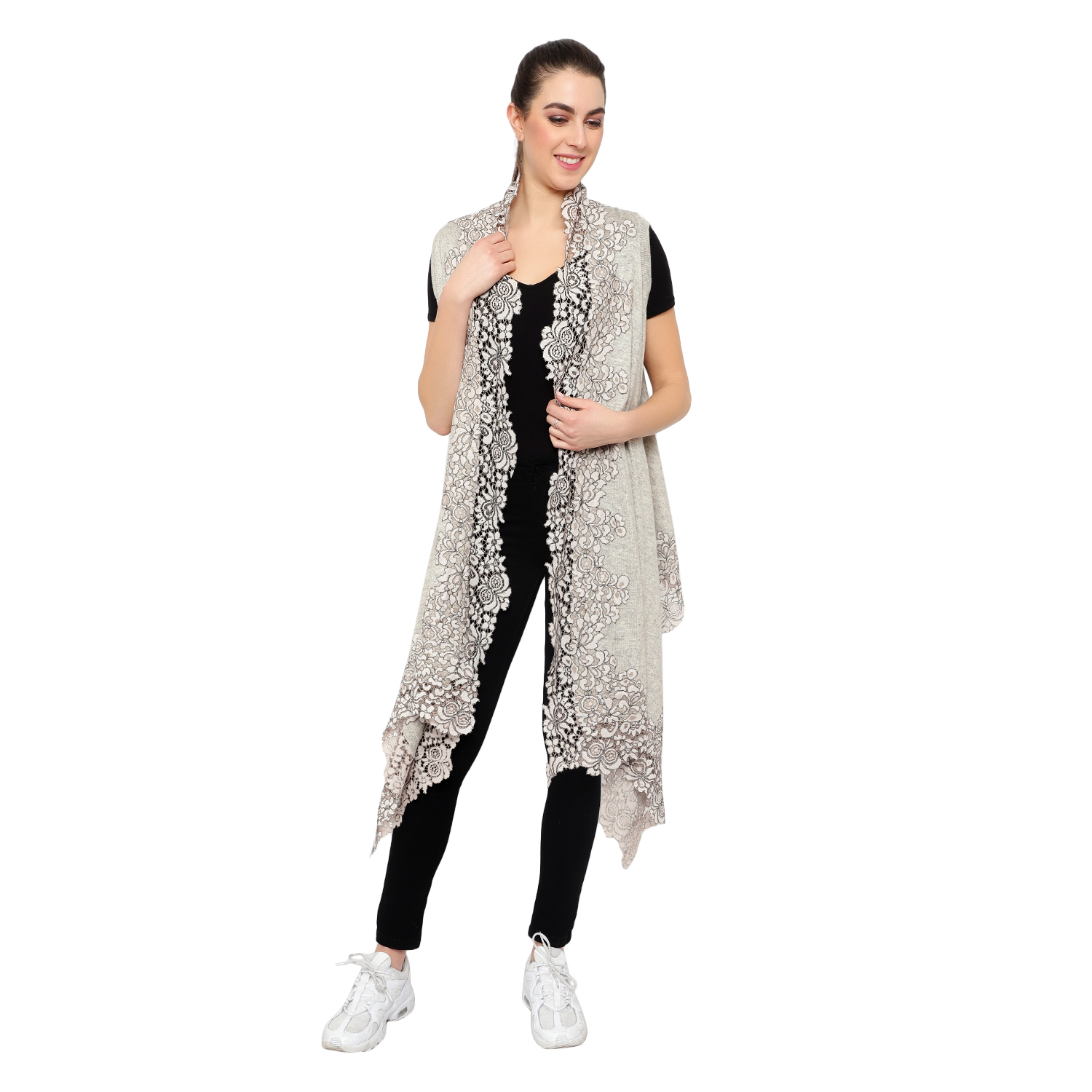 Stole Poncho – 4 Side Lace (Lt. Grey)