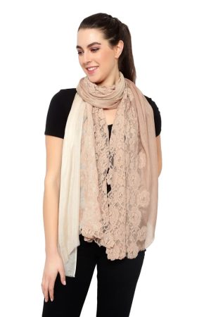 50-50 Style Flower Lace Stole (Beige- Ombre /Beige)