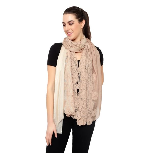 50-50 Style Flower Lace Stole (Beige- Ombre /Beige)