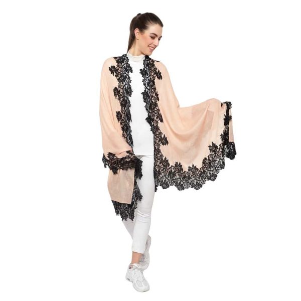 Lace Stole – 4 Side Border (Peach /Black) - Image 2