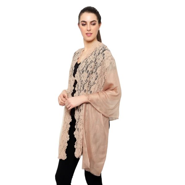 50-50 Style Flower Lace Stole (Beige- Ombre /Beige) - Image 4