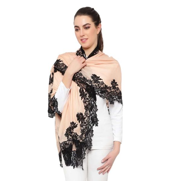 Lace Stole – 4 Side Border (Peach /Black) - Image 4