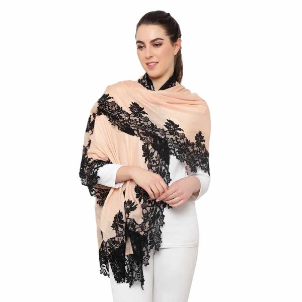 Lace Stole – 4 Side Border (Peach /Black) - Image 5