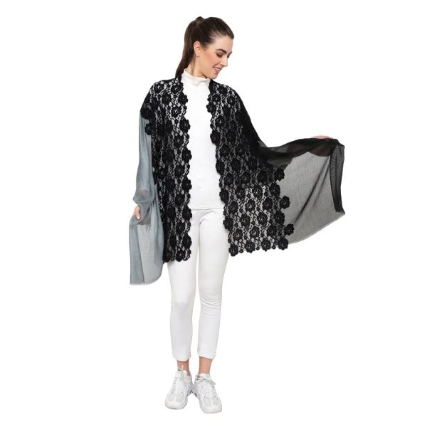 50-50 Style Flower Lace Stole (Grey – Black Ombre /Black) - Image 2